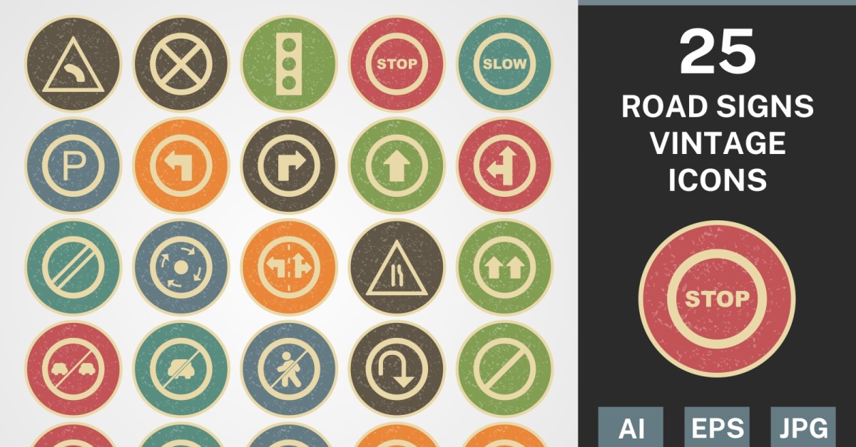 25 ROAD SIGNS VINTAGE PACK Icon Set #118125 - TemplateMonster