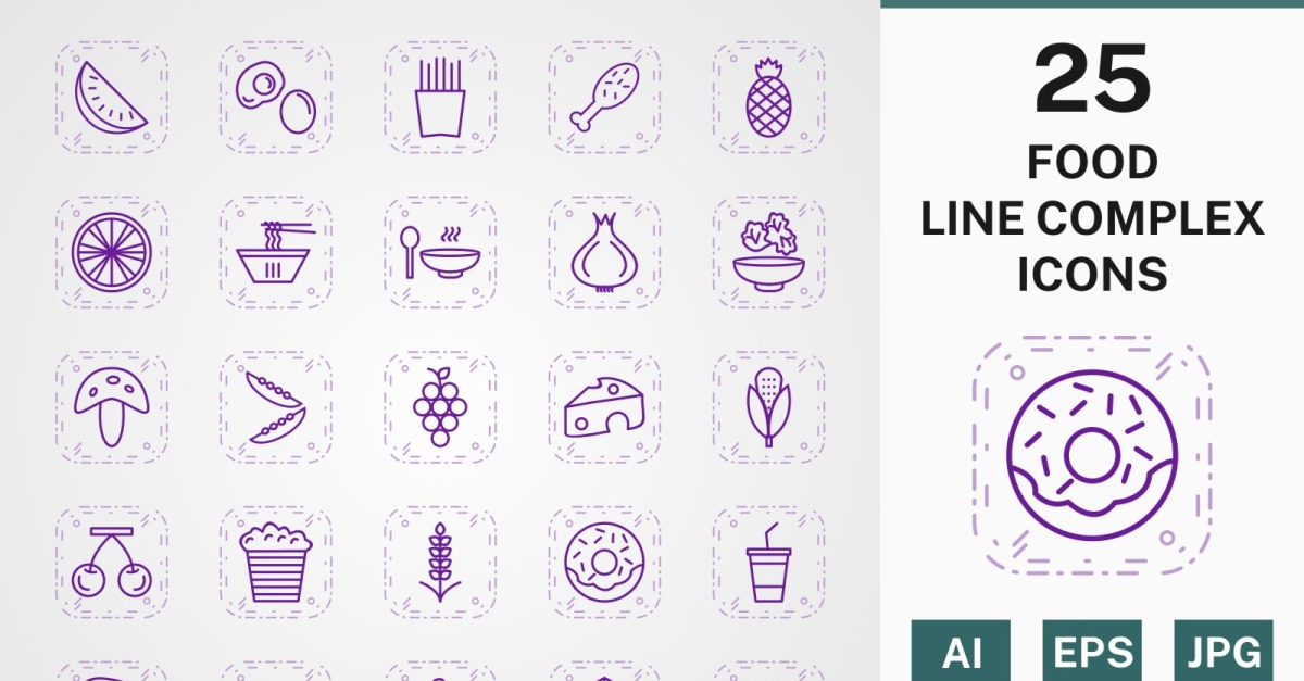 25 FOOD LINE COMPLEX PACK Icon Set #118319 - TemplateMonster