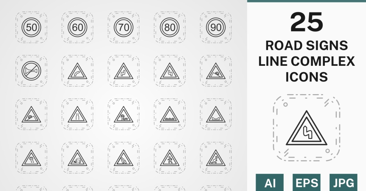 25 ROAD SIGNS LINE COMPLEX PACK Icon Set - TemplateMonster