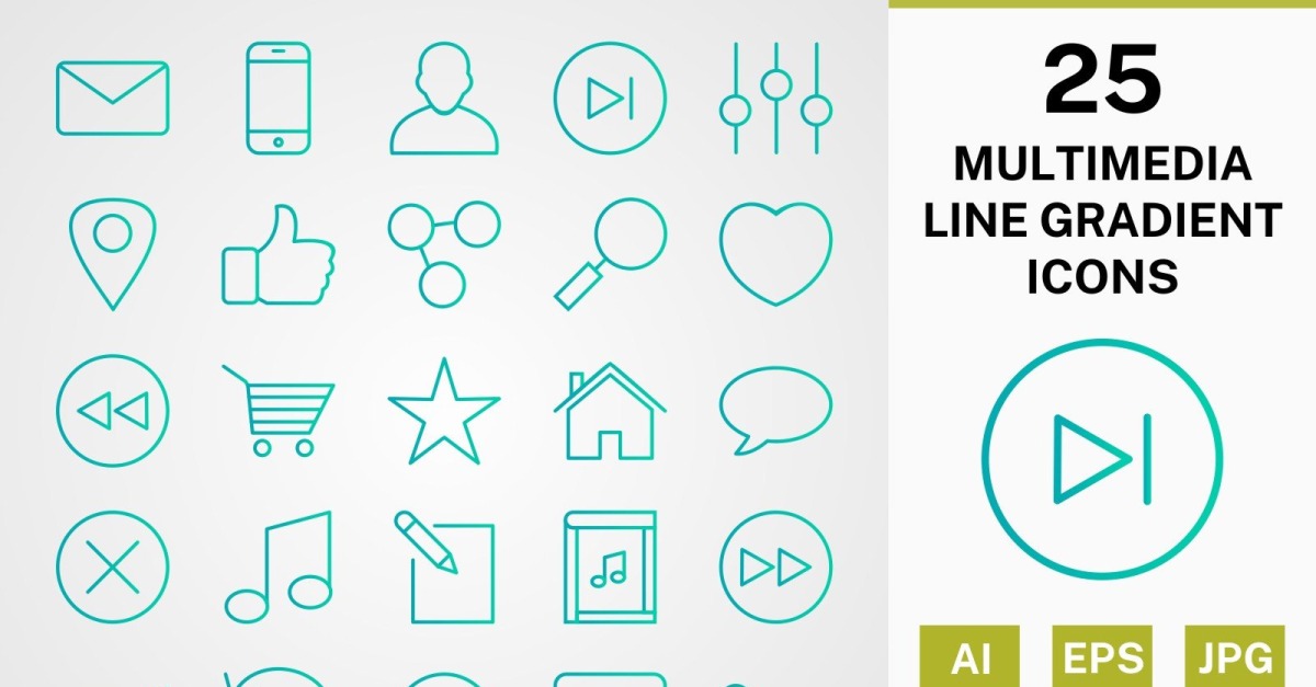 25 MULTIMEDIA LINE GRADIENT PACK Icon Set - TemplateMonster