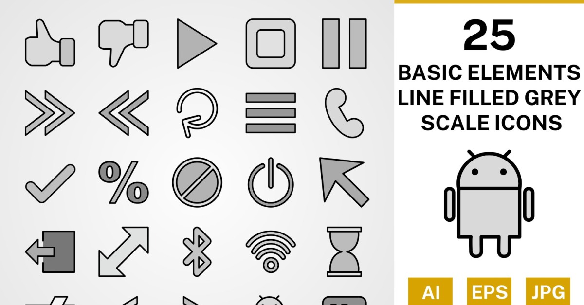 25 Basic Elements Line Filled Greyscale Icon Set
