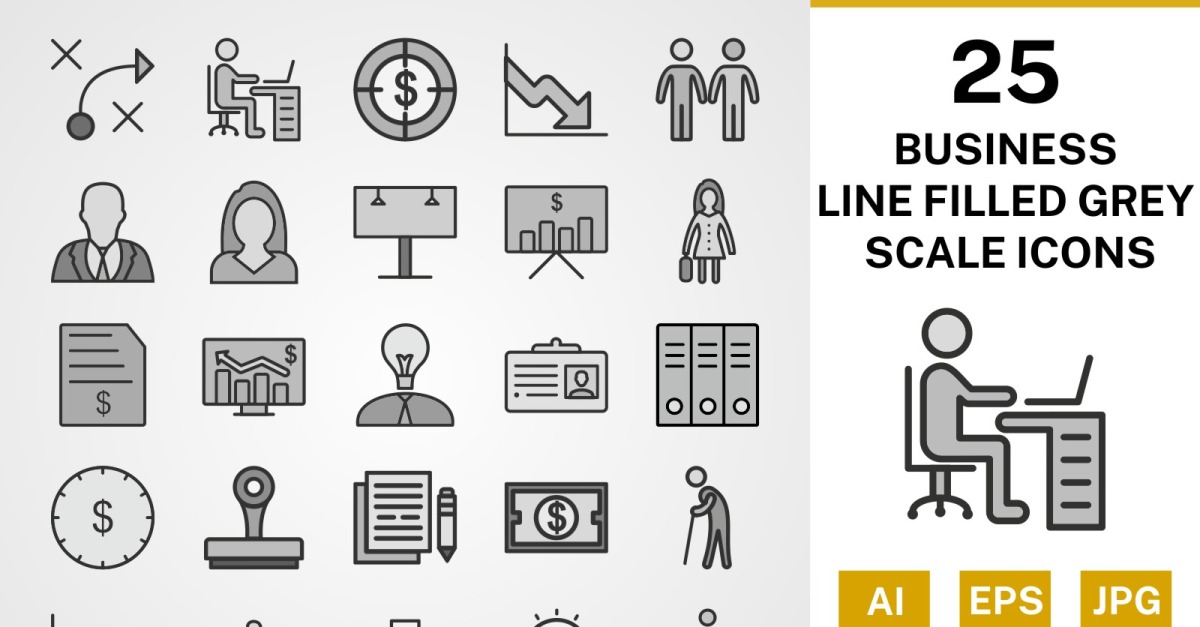 25 Business Line Filled Greyscale Icon Set - TemplateMonster