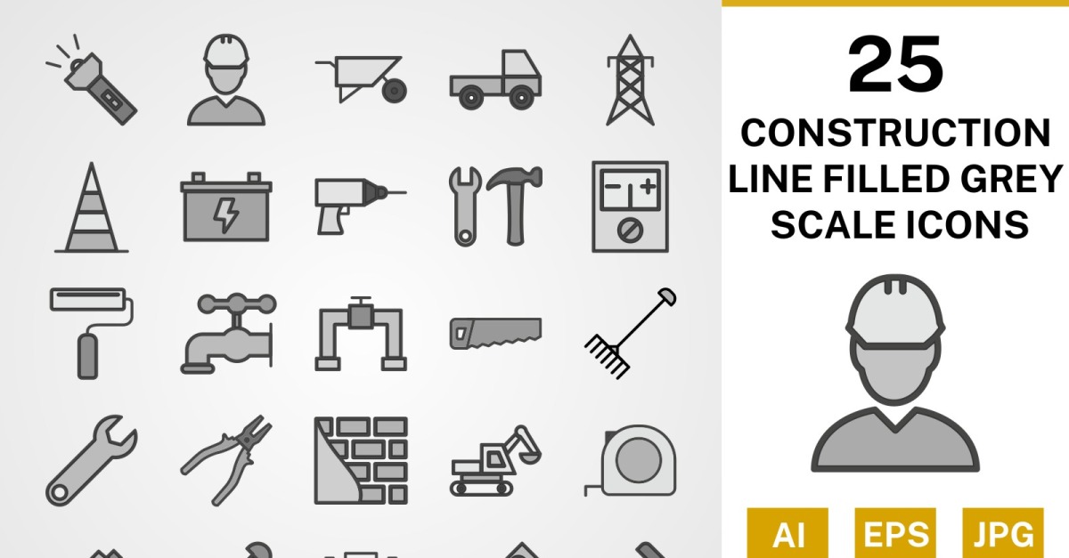 25 Construction Line Filled Greyscale Icon Set