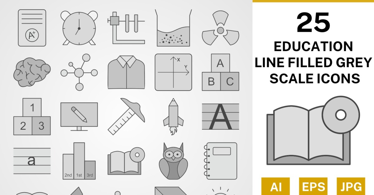 25 Education Line Filled Greyscale Icon Set - TemplateMonster