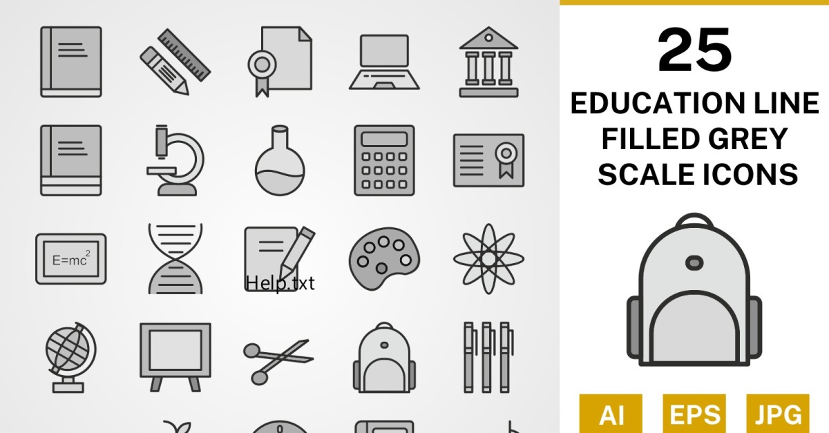 25 Education Line Filled Greyscale Icon Set - TemplateMonster