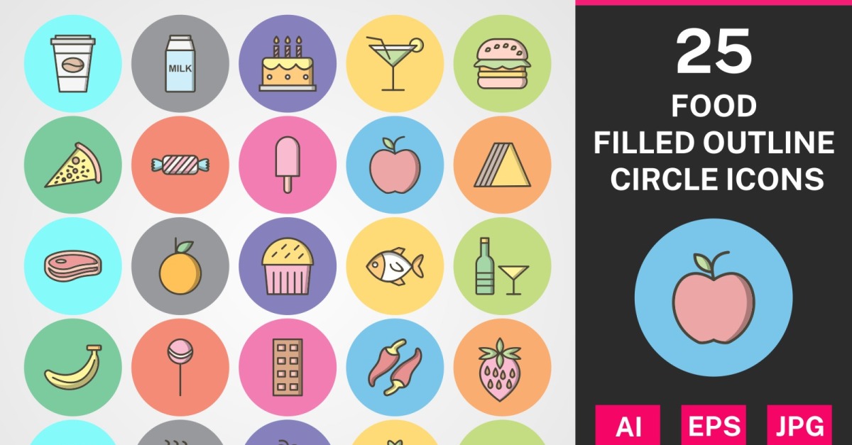 25 Food Filled Outline Circle Icon Set - TemplateMonster