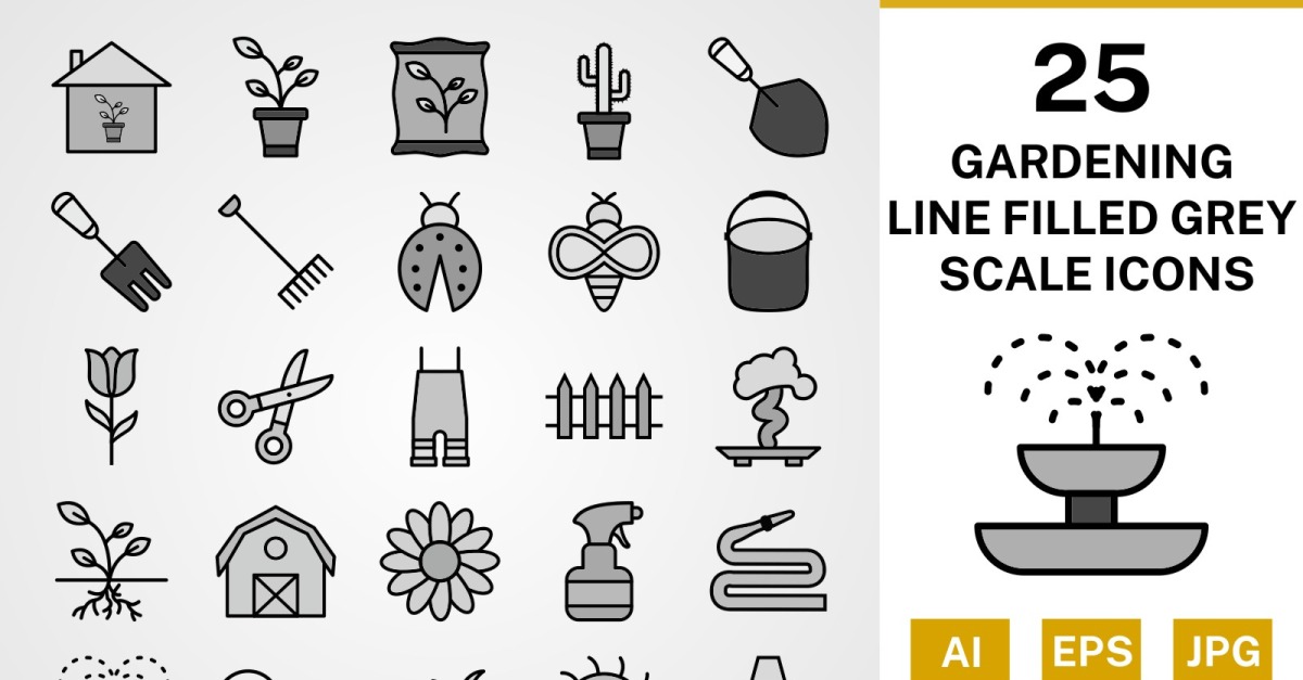 25 Gardening Line Filled Greyscale Icon Set - TemplateMonster