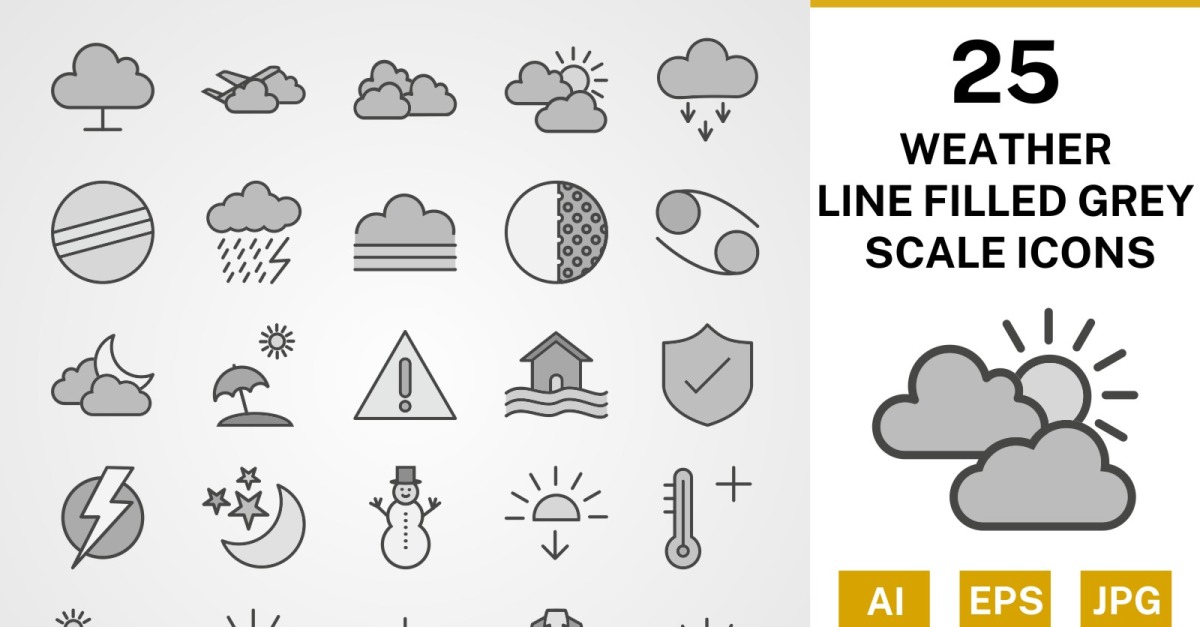 25 Weather Line Filled Greyscale Icon Set - TemplateMonster