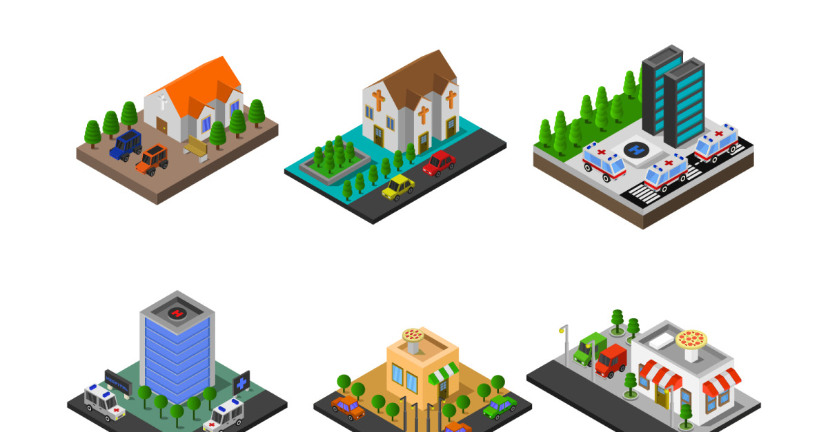 Set Of Isometric Buildings - Vector Image - TemplateMonster