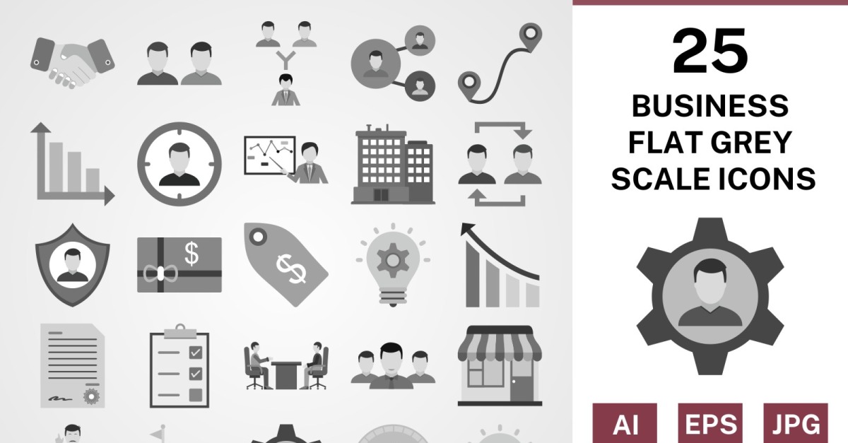 25 Business Flat Greyscale Icon Set #121781 - TemplateMonster