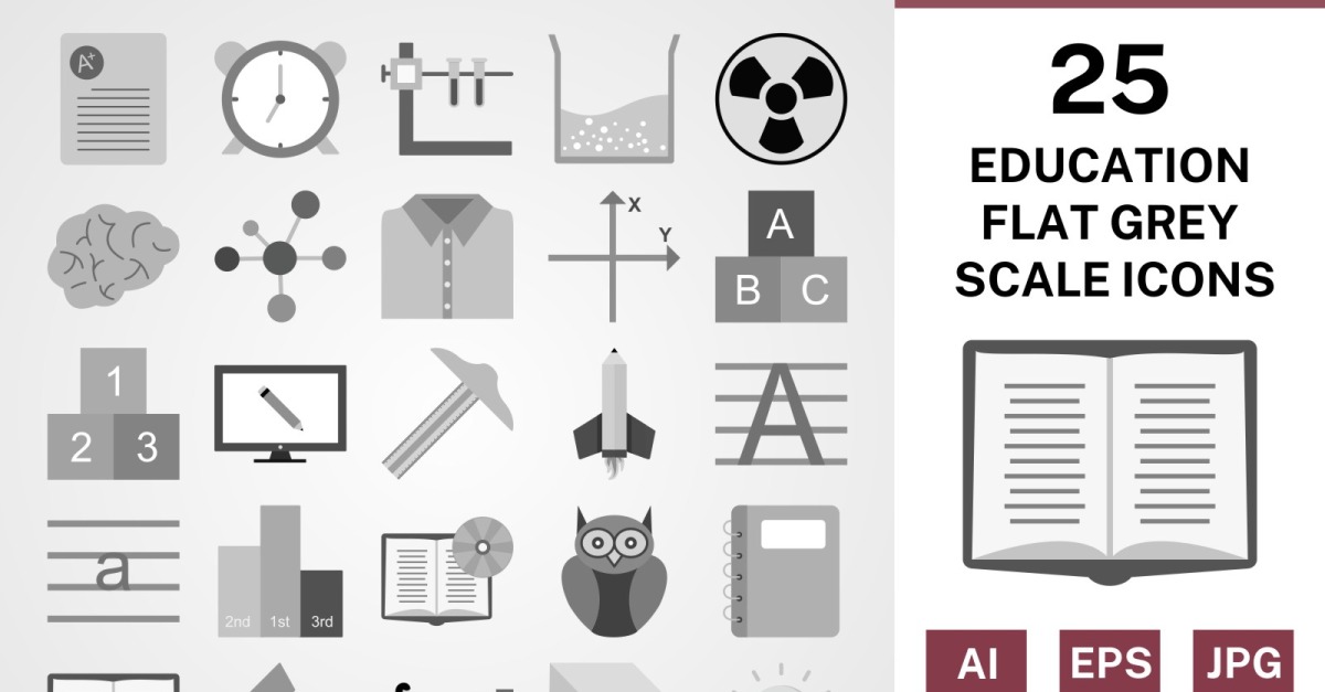 25 Education Flat Greyscale Icon Set - TemplateMonster