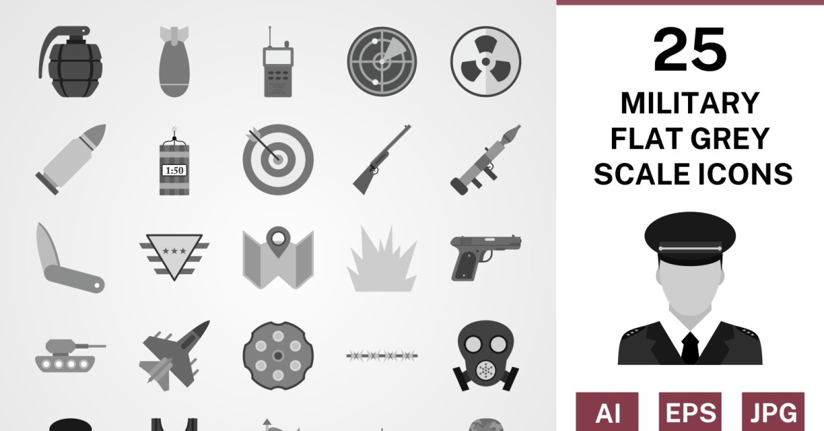 25 Military Flat Greyscale Icon Set #121794 - TemplateMonster
