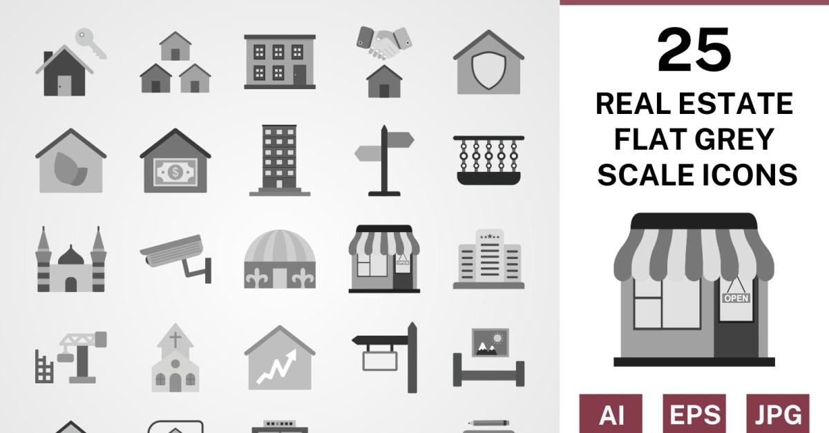 25 Real Estate Flat Greyscale Icon Set - TemplateMonster