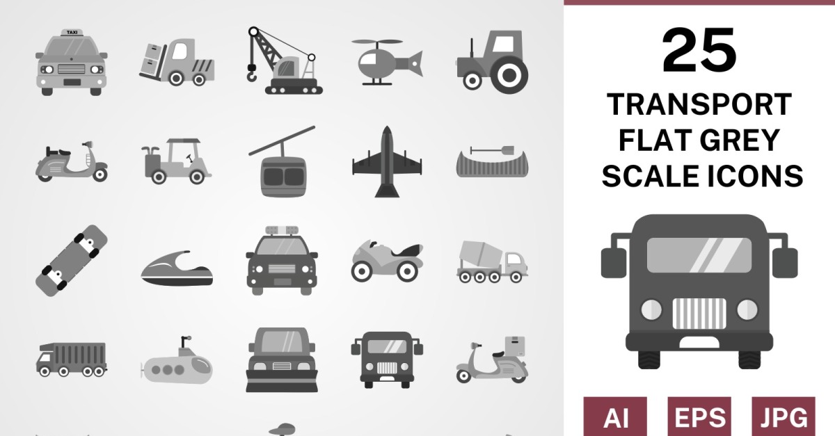 25 Transport Flat Greyscale Icon Set - TemplateMonster