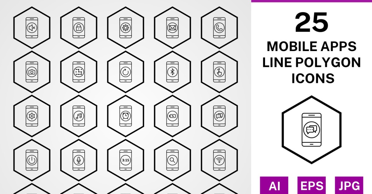 25 Mobile Apps Line Polygon Icon Set - TemplateMonster