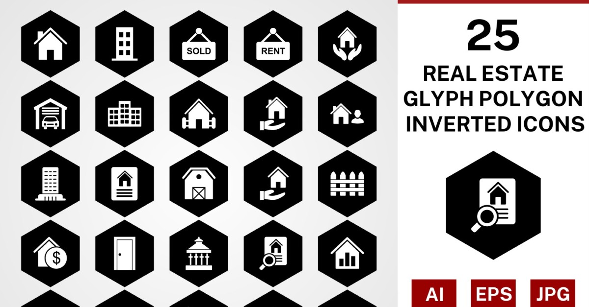 25 Real Estate Glyph Polygon Inverted Icon Set
