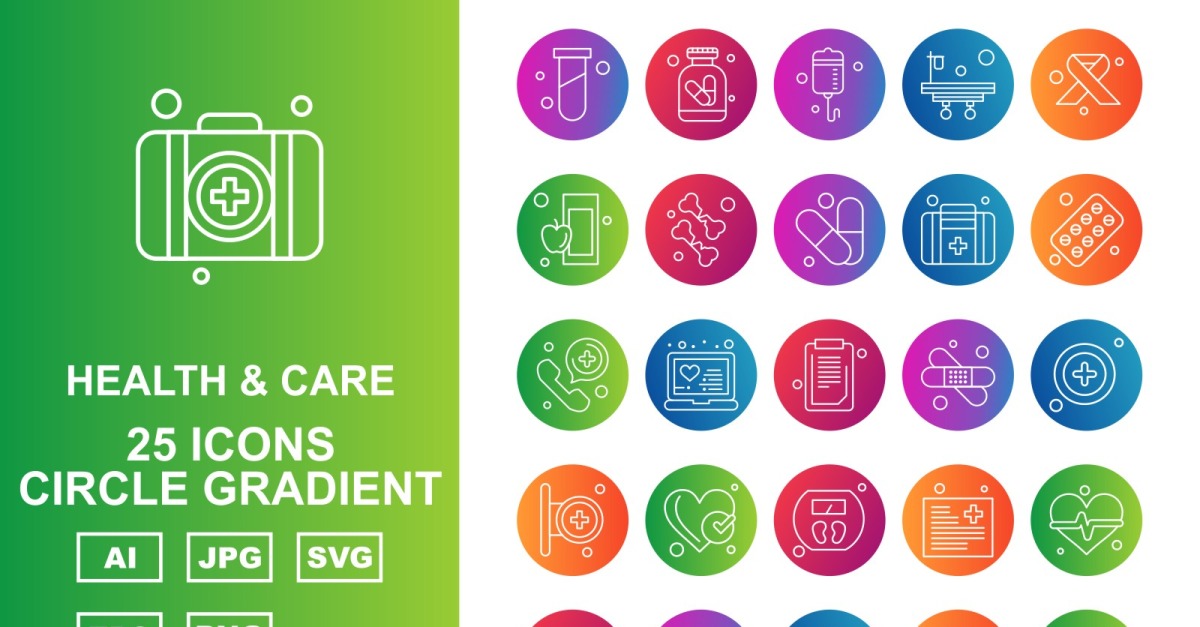 25 Premium Health And Care Circle Gradient Pack Icon Set