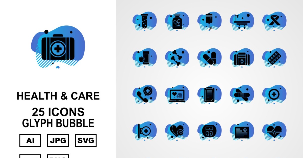 25 Premium Health And Care Glyph Bubble Pack Icon Set