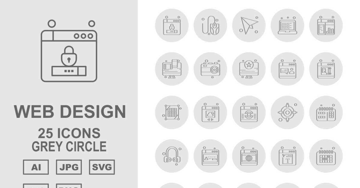 25 Premium Web Design And Development Grey Circle Pack Icon Set