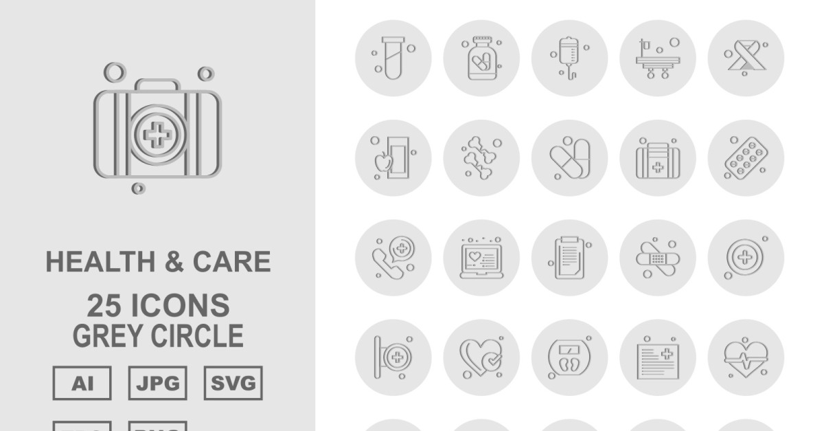 25 Premium Health And Care Grey Circle Pack Icon Set