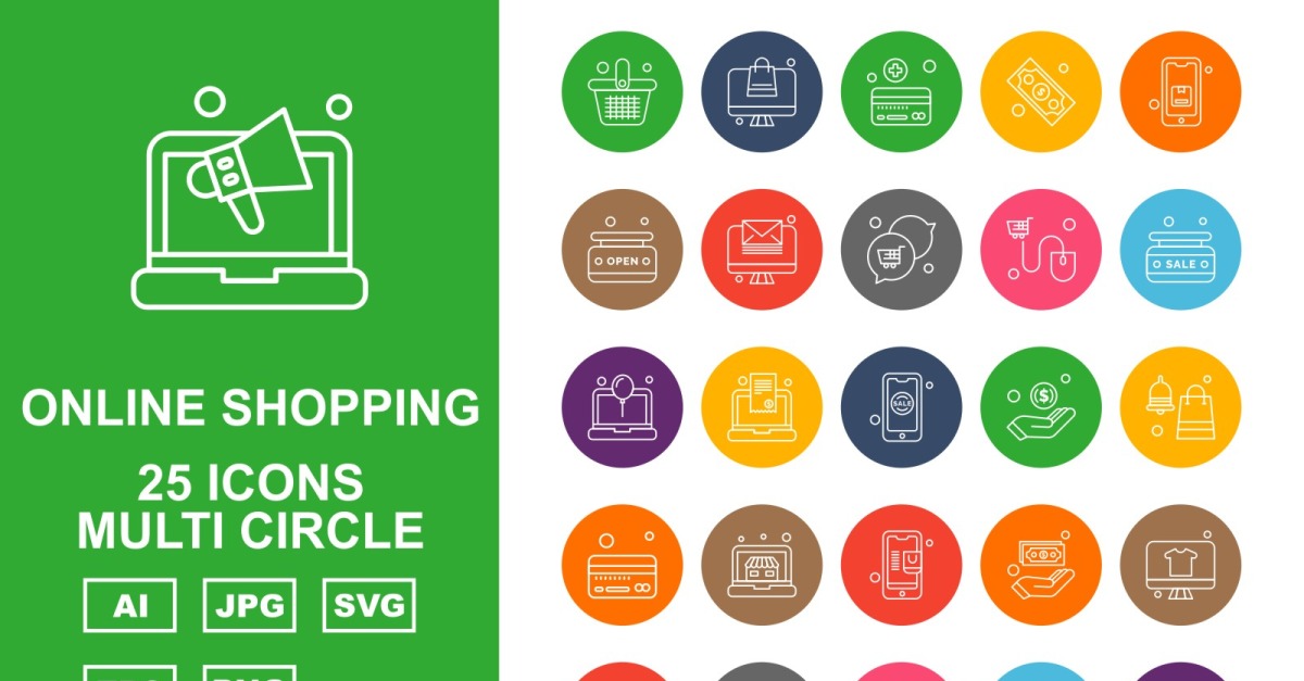 25 Premium Online Shopping Multi Circle Pack Icon Set