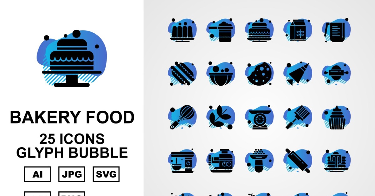 25 Premium Bakery Food Glyph Bubble Icon Pack Set