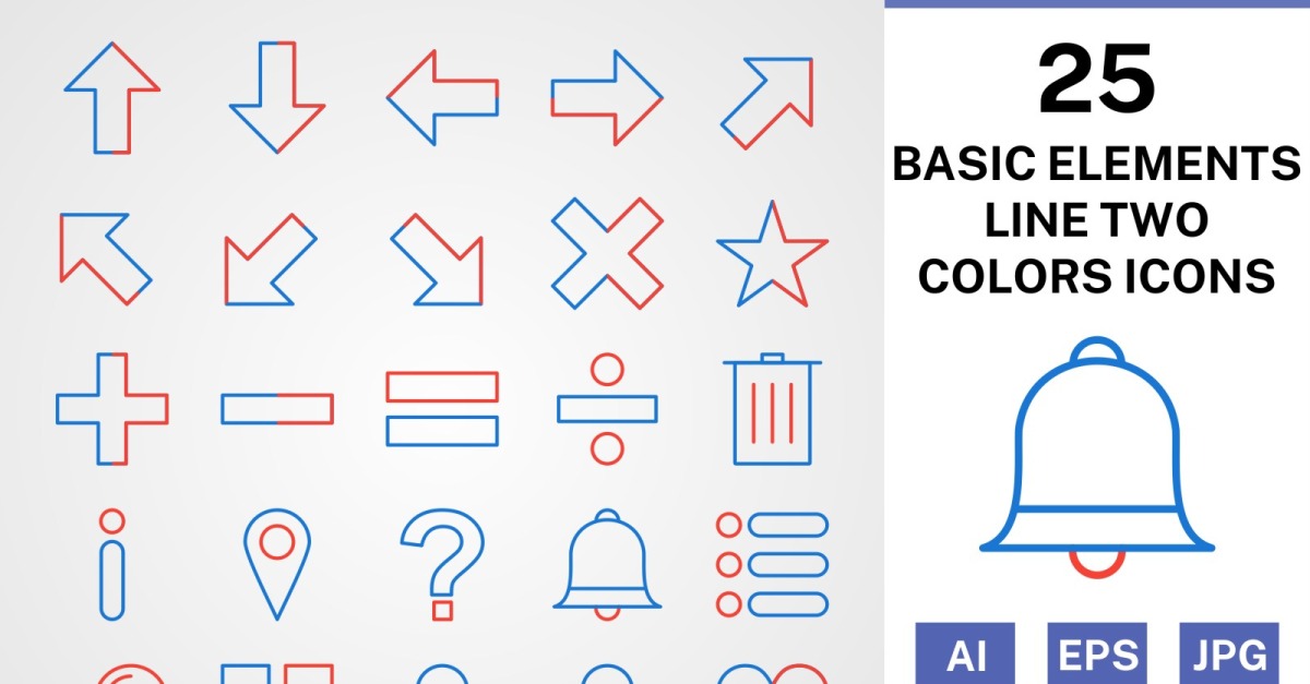 25 Basic Elements Line Two Colors Icon Set - TemplateMonster