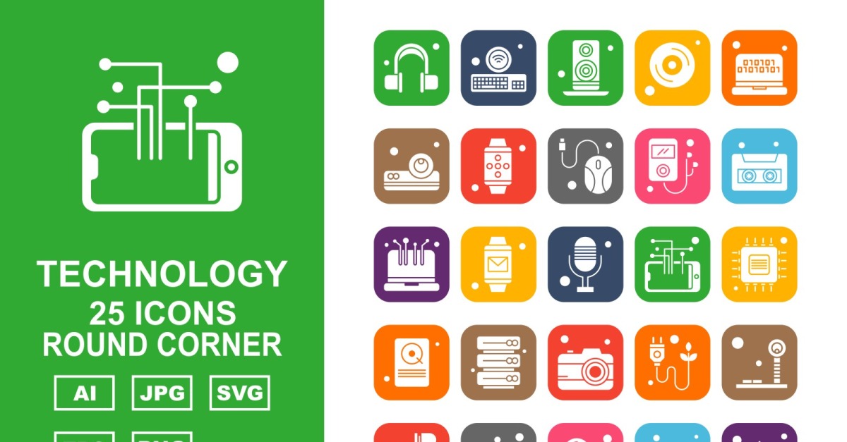 25 Premium Technology Round Corner Icon Set - TemplateMonster