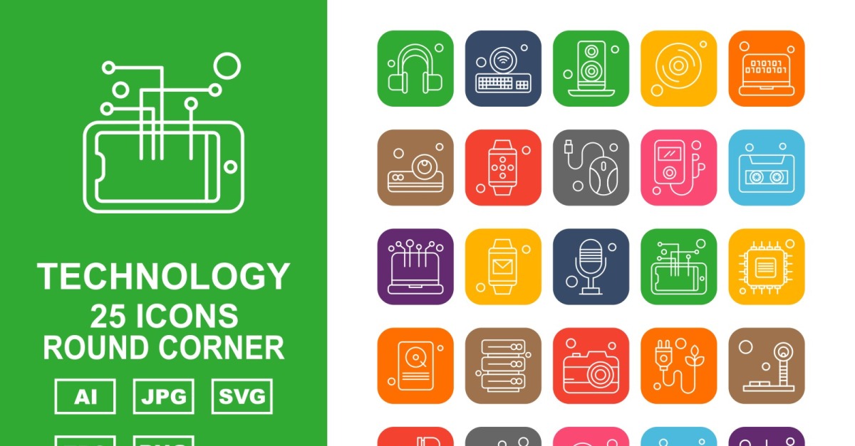 25 Premium Technology Round Corner Icon Set - TemplateMonster