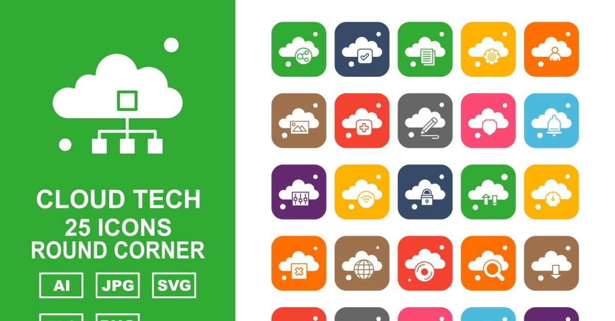 25 Premium Cloud Tech Round Corner Icon Set - TemplateMonster