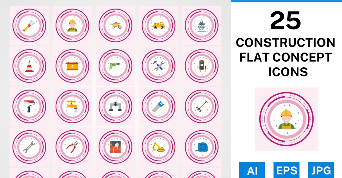 25 Construction Flat Concept Icon Set - TemplateMonster