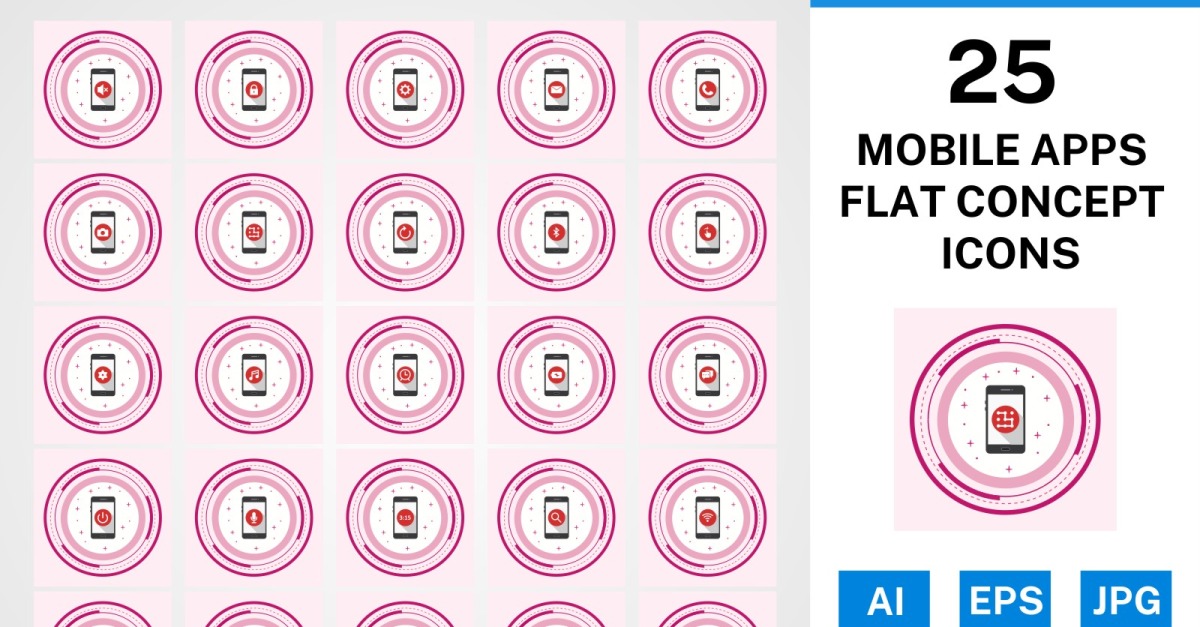 25 Mobile Apps Flat Concept Icon Set - TemplateMonster