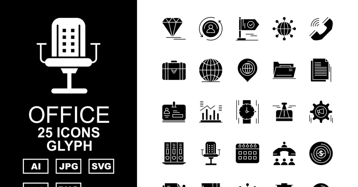 25 Premium Office III Glyph Pack Icon Set - TemplateMonster