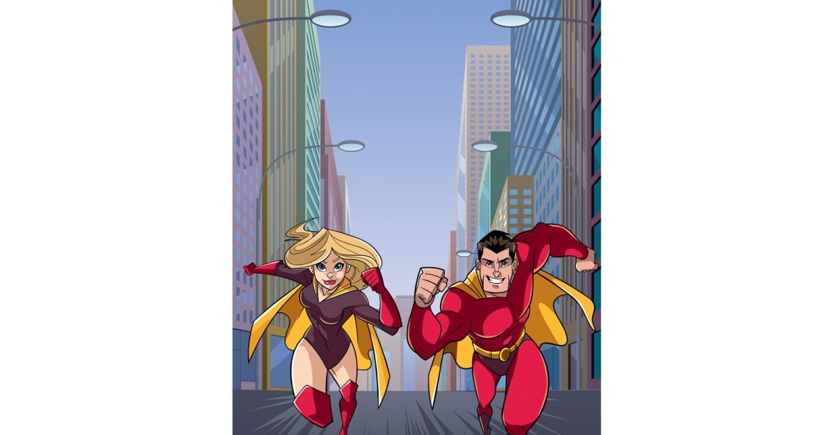Casal de super-heróis na cidade futurista 2 - ilustração