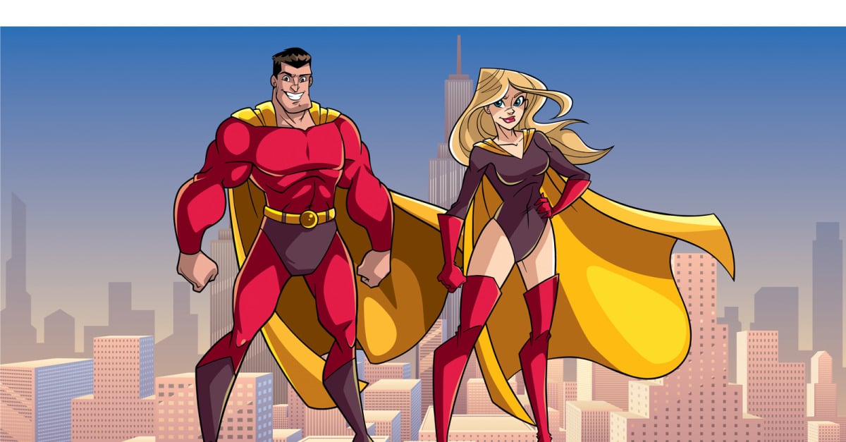 Casal de super-heróis na cidade futurista 2 - ilustração