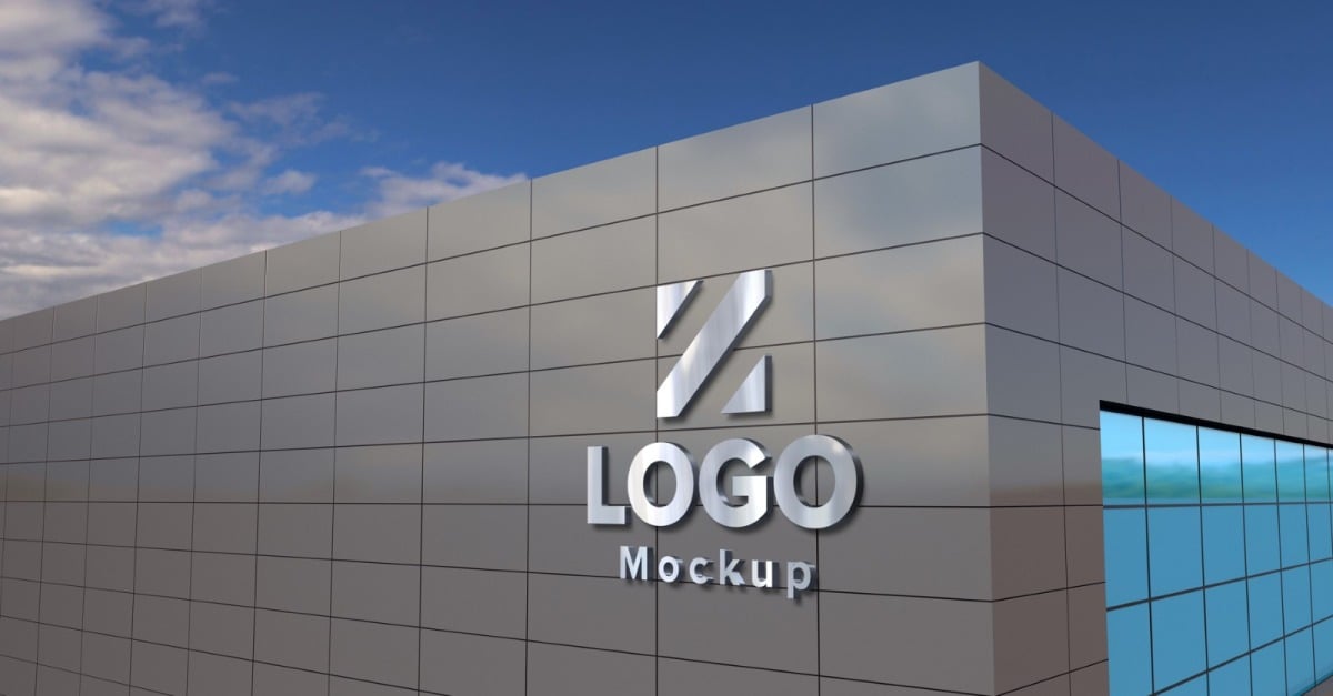 Steel Logo Mockup Elegant 3D Sign Gray Building façade product mockup