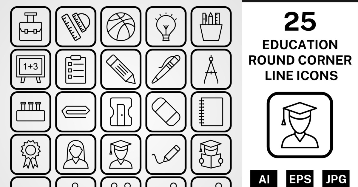 25 Education Round Corner Line Black Icon Set