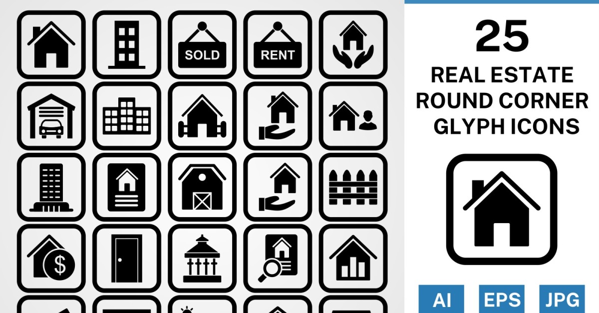 25 Real Estate Round Corner Glyph Black Icon Set