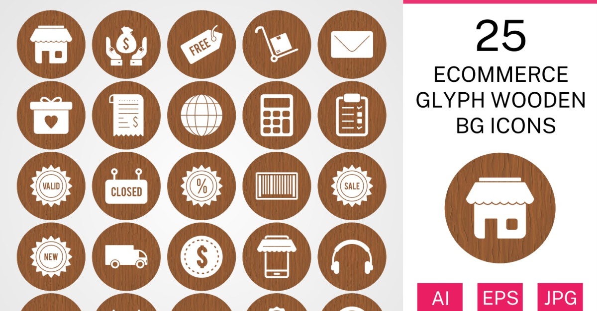 25 Ecommerce Glyph Wooden BG Icon Set - TemplateMonster