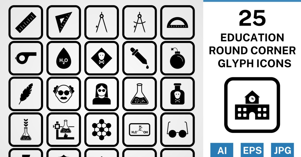 25 Education Round Corner Glyph Black Icon Set