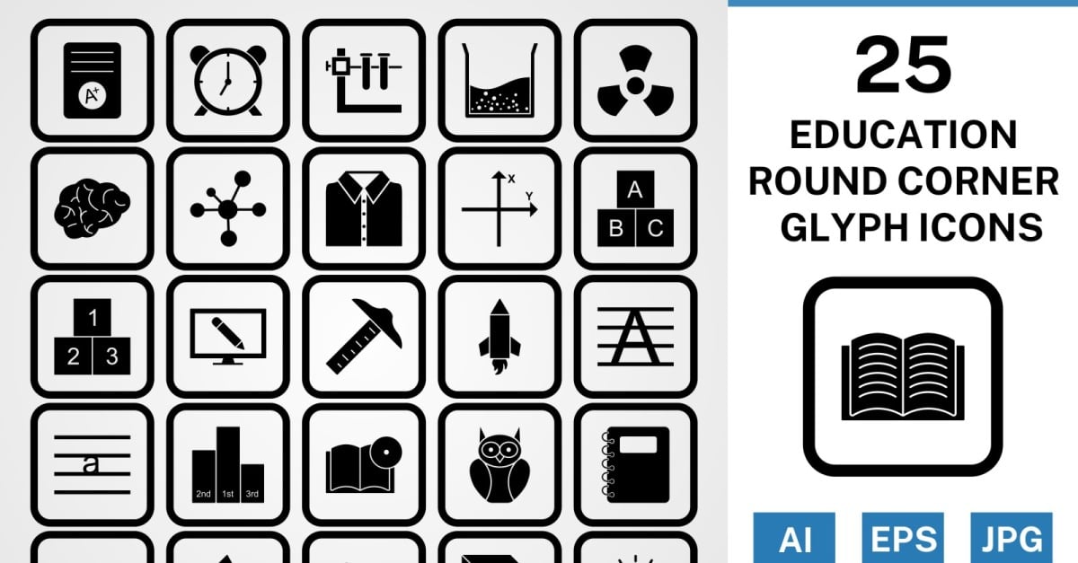 25 Education Round Corner Glyph Black Icon Set