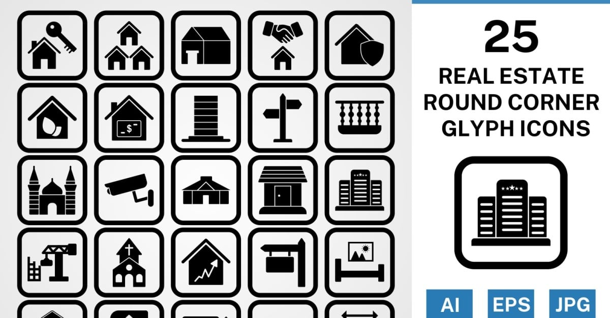25 Real Estate Round Corner Glyph Black Icon Set
