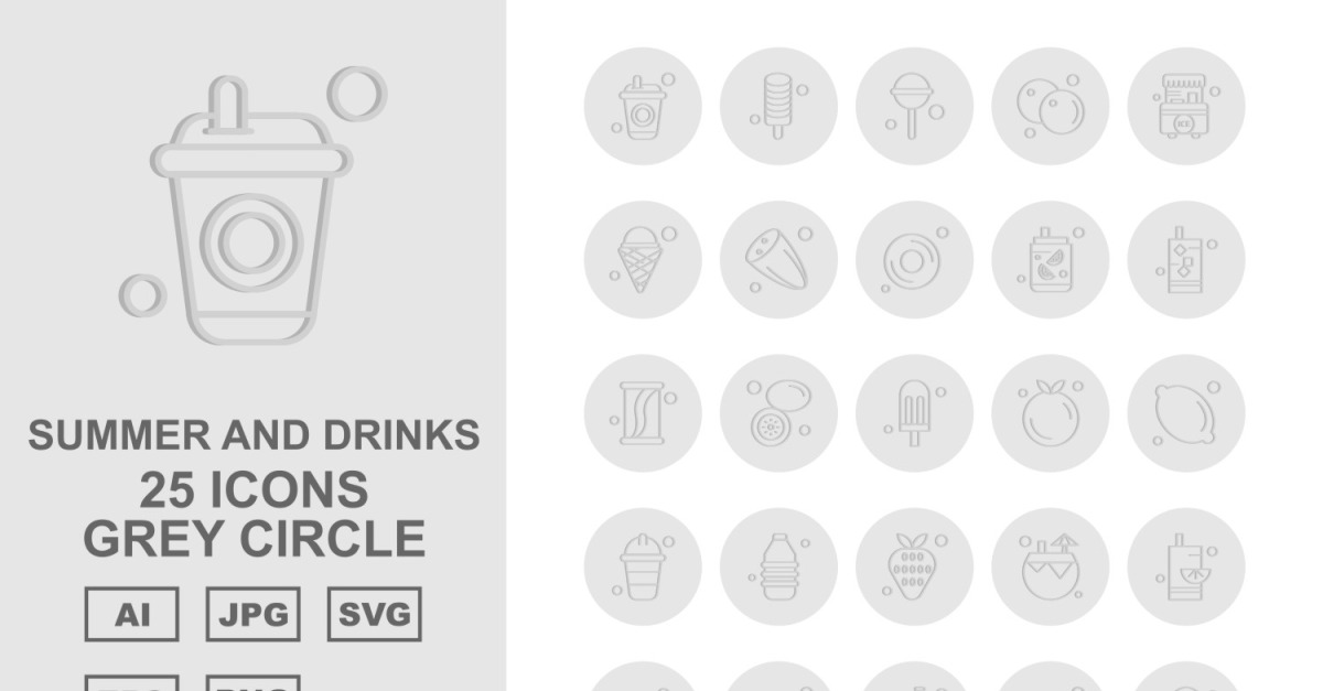 25 Premium Summer And Drinks Grey Circle Pack Icon Set