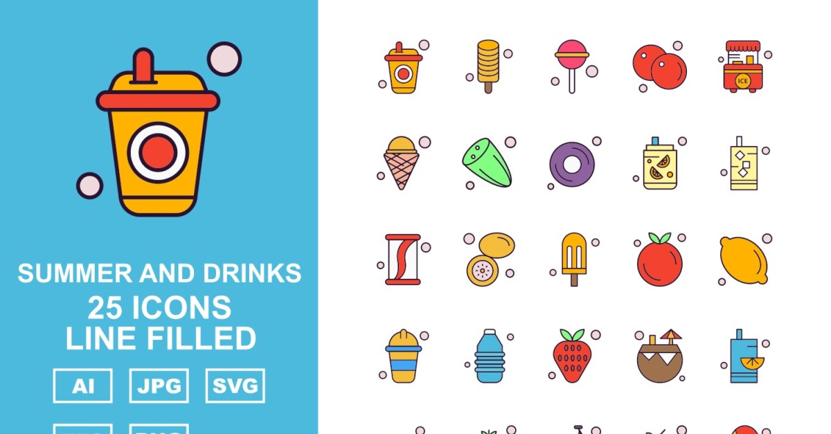 25 Premium Summer And Drinks Line Filled Pack Icon Set
