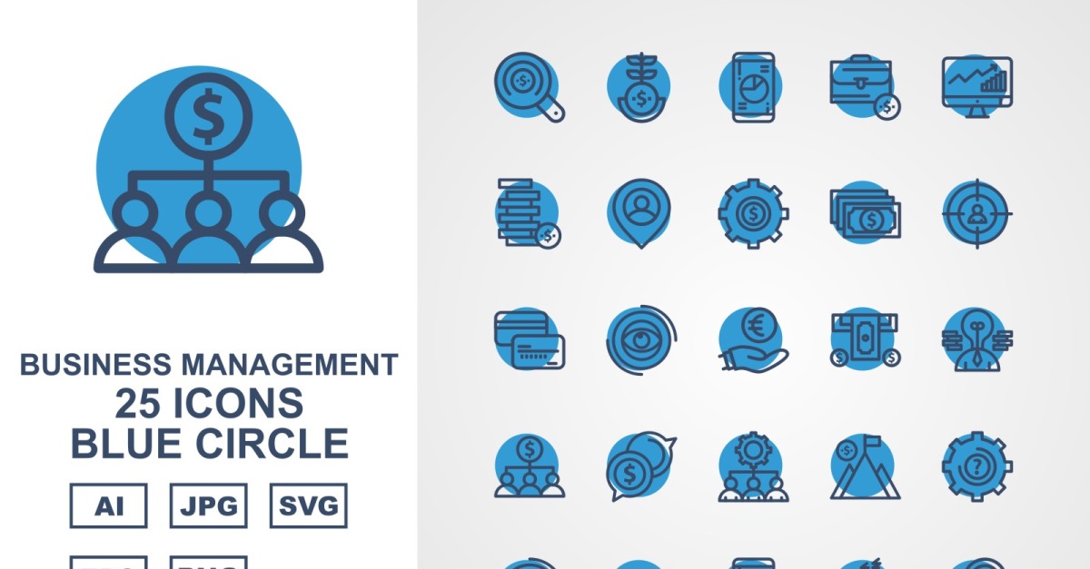 25 Premium Business Management Blue Circle Pack Icon Set