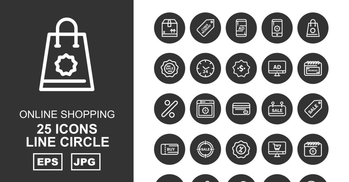 25 Premium Online Shopping Line Circle Pack Icon Set