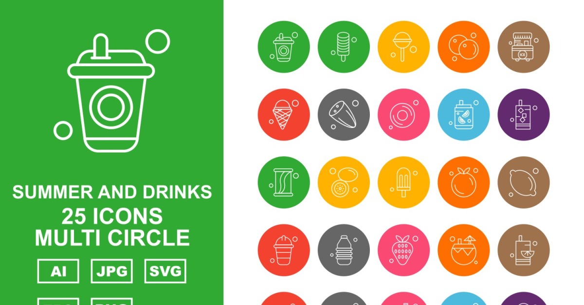 25 Premium Summer And Drinks Multi Circle Pack Icon Set