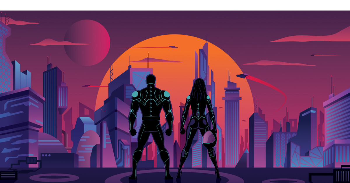 Casal de super-heróis na cidade futurista 2 - ilustração