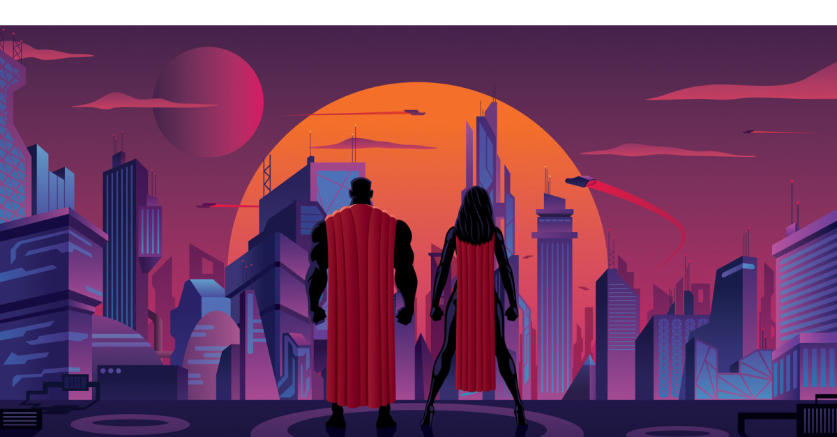 family superheroine man male, hero Superhero Couple in Futuristic City Vector Illustration  superhero super team silhouette couple