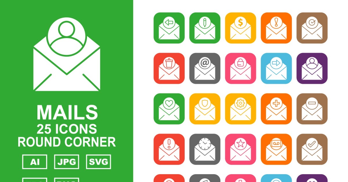 25 Premium Mails Round Corner Icon Set - TemplateMonster